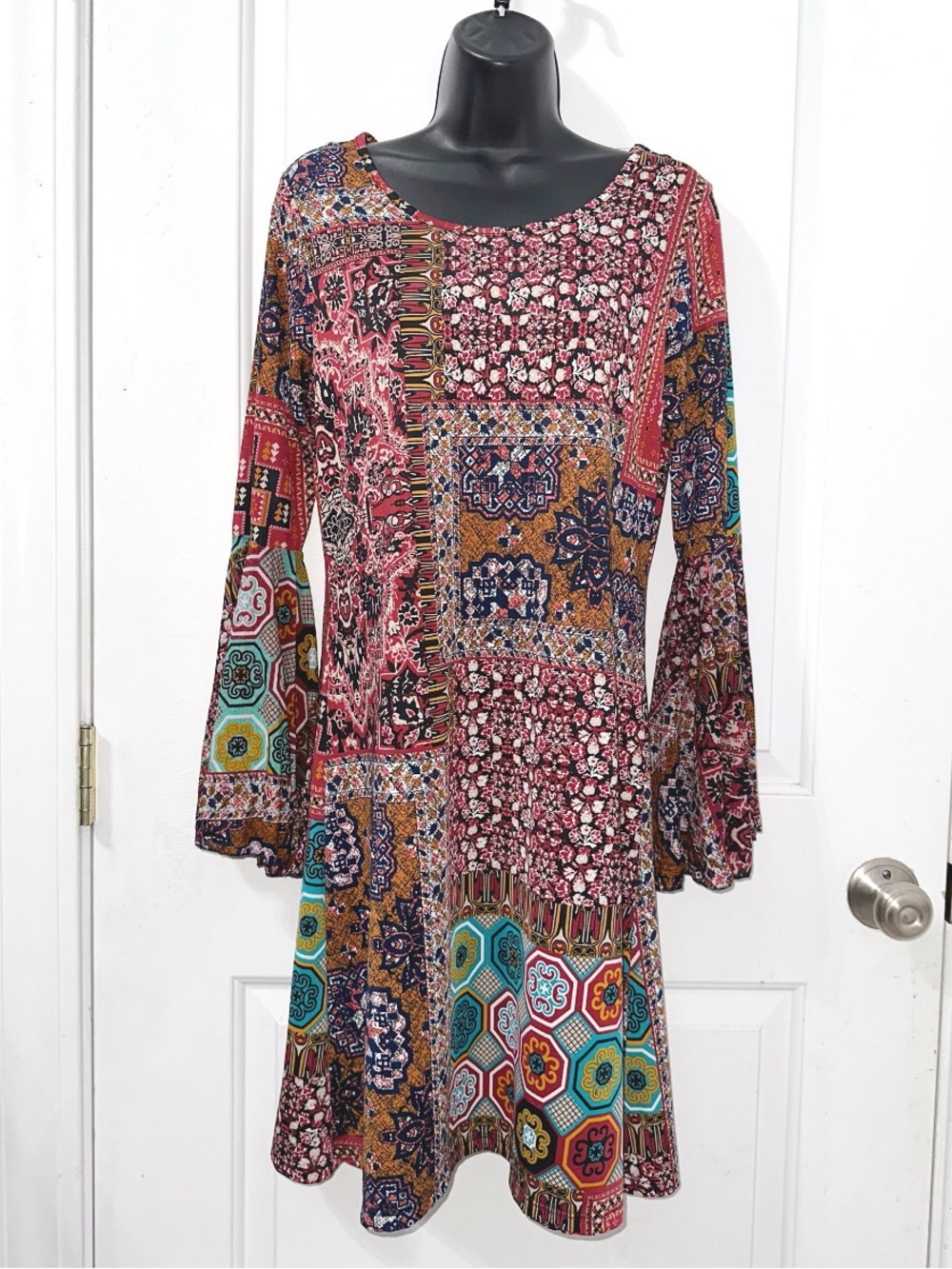 Haani Multicolor Patchwork-Print Dress, a bohemian-inspired swing dress